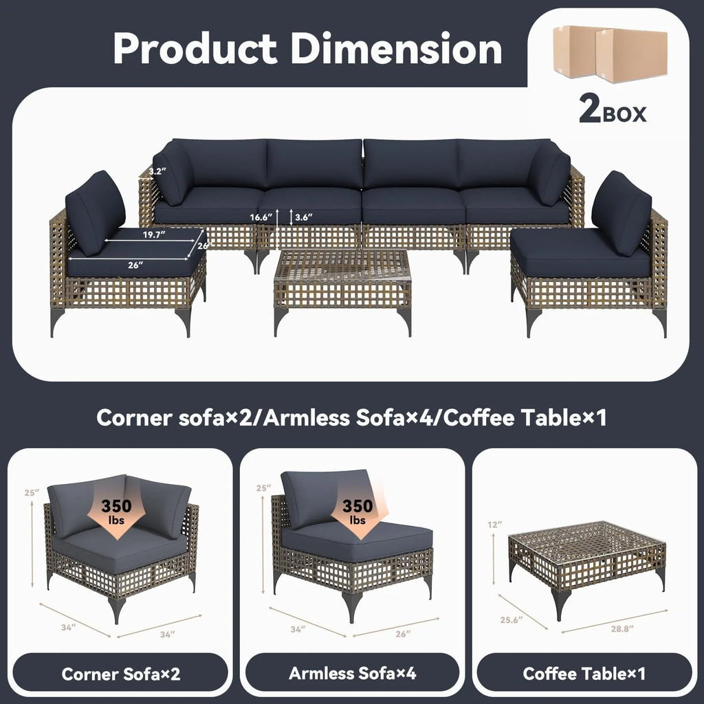 AECOJOY 7-Piece Patio Outdoor Furniture Set, Boho Outdoor Sectional Set, Dark Brown&Dark Grey