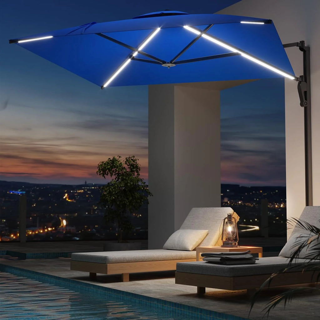 AECOJOY 10FT Large Patio Umbrella with Solar Lights, Rectangle Wall Mounted Outdoor Patio Umbrella, Blue